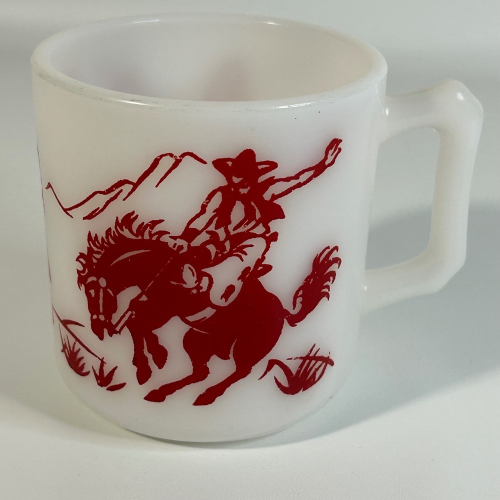 Hazel Atlas Vintage Milk Glass Mug Red Cowboy Native American Western D-Handle